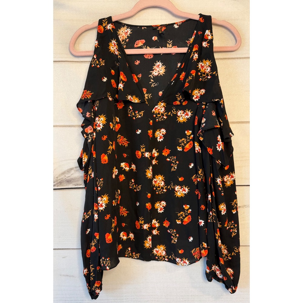 Kobi Halperin Black Floral Silk Cold Shoulder Ruffle Blouse KS7B50 Size M